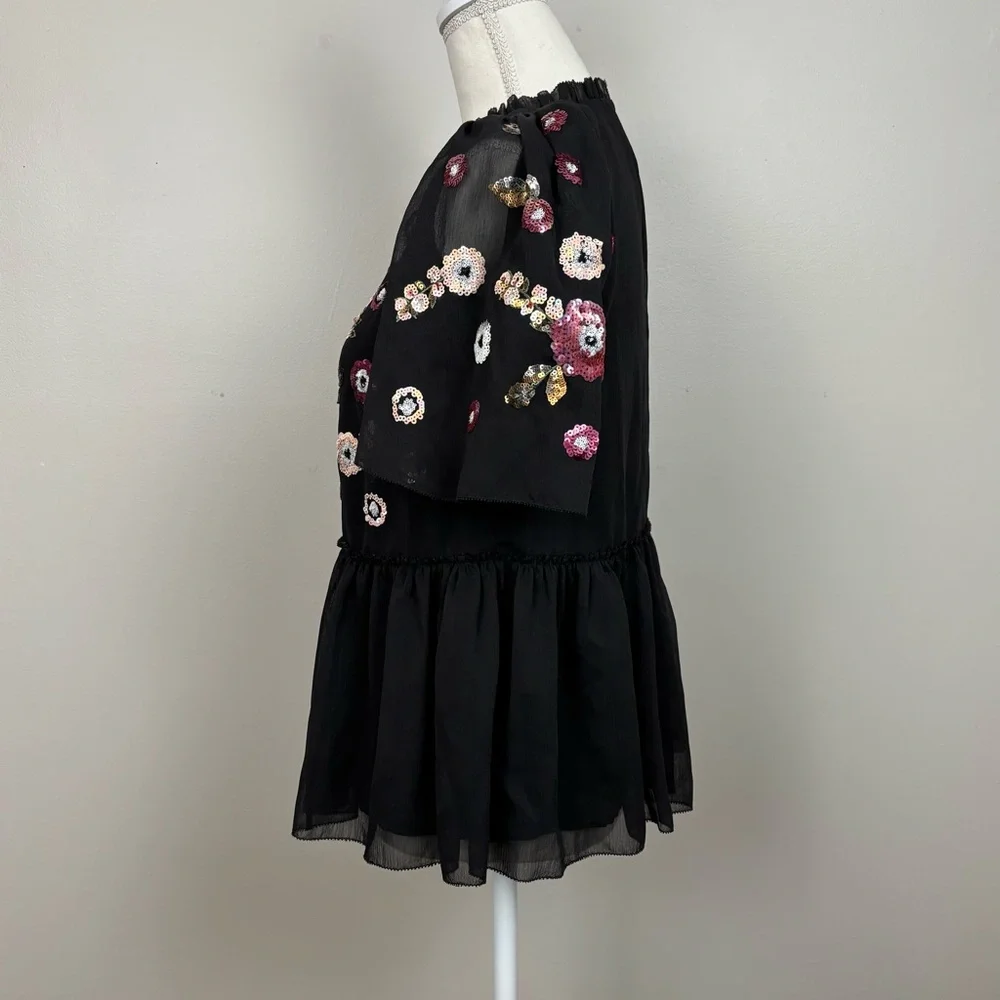 Kate Spade X Madison Avenue Top Womens XXS Black Sequin‎ Floral Blouse